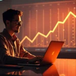 Person smiling while working on a laptop with glowing AI icons and upward financial graphs