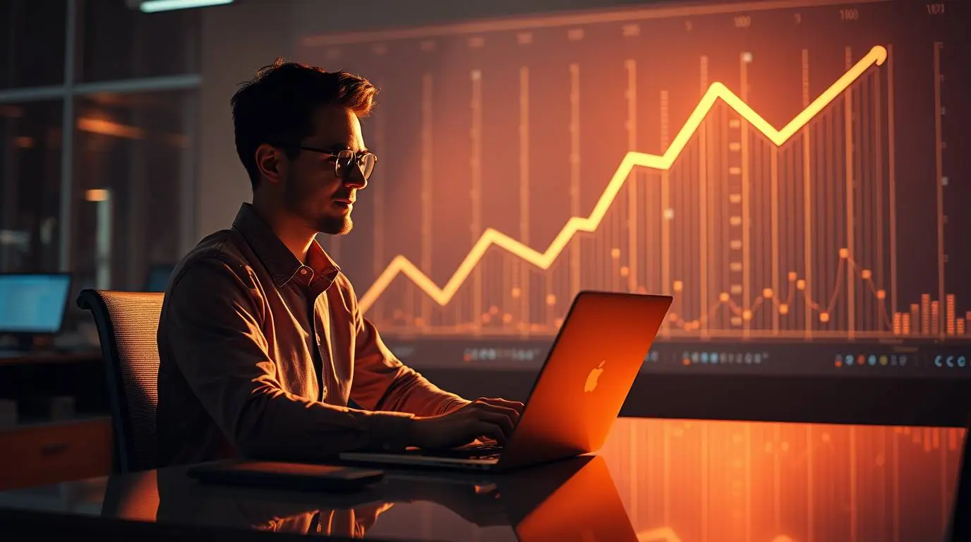 Person smiling while working on a laptop with glowing AI icons and upward financial graphs