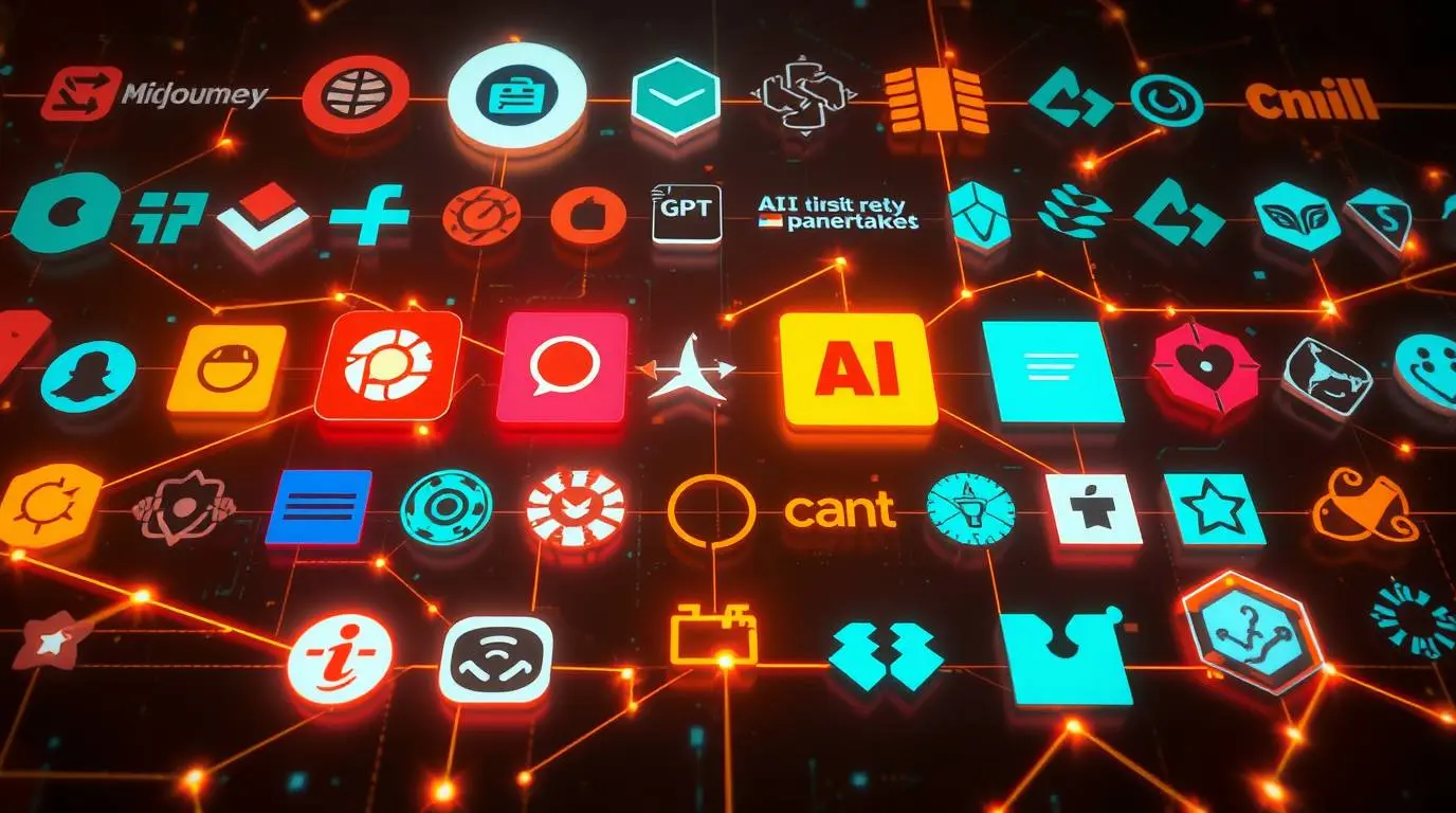 A collection of popular AI tool logos or abstract representations of AI applications