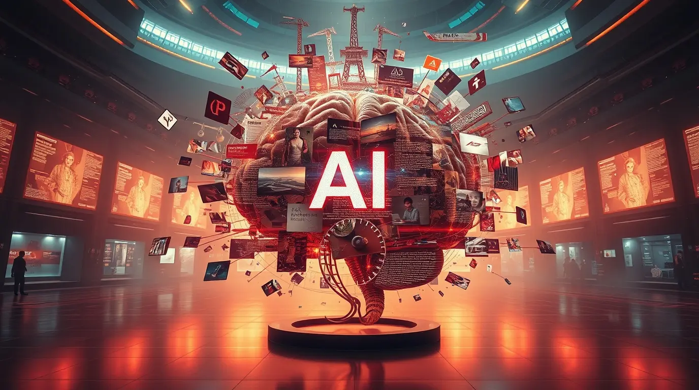AI tools generating diverse content like text, art, and video
