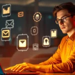 Young professional using AI tools on a laptop to make money online in 2025, with modern glowing icons representing income opportunities