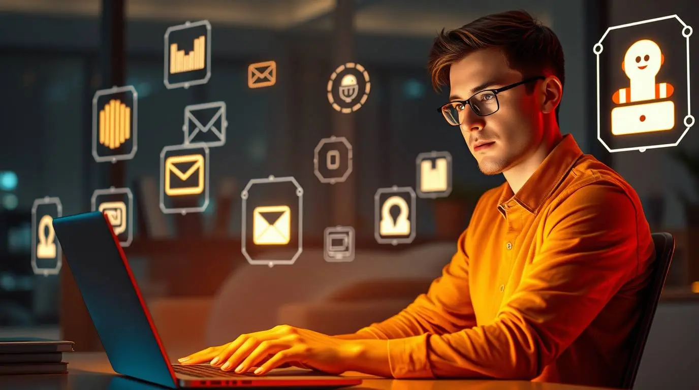 Young professional using AI tools on a laptop to make money online in 2025, with modern glowing icons representing income opportunities