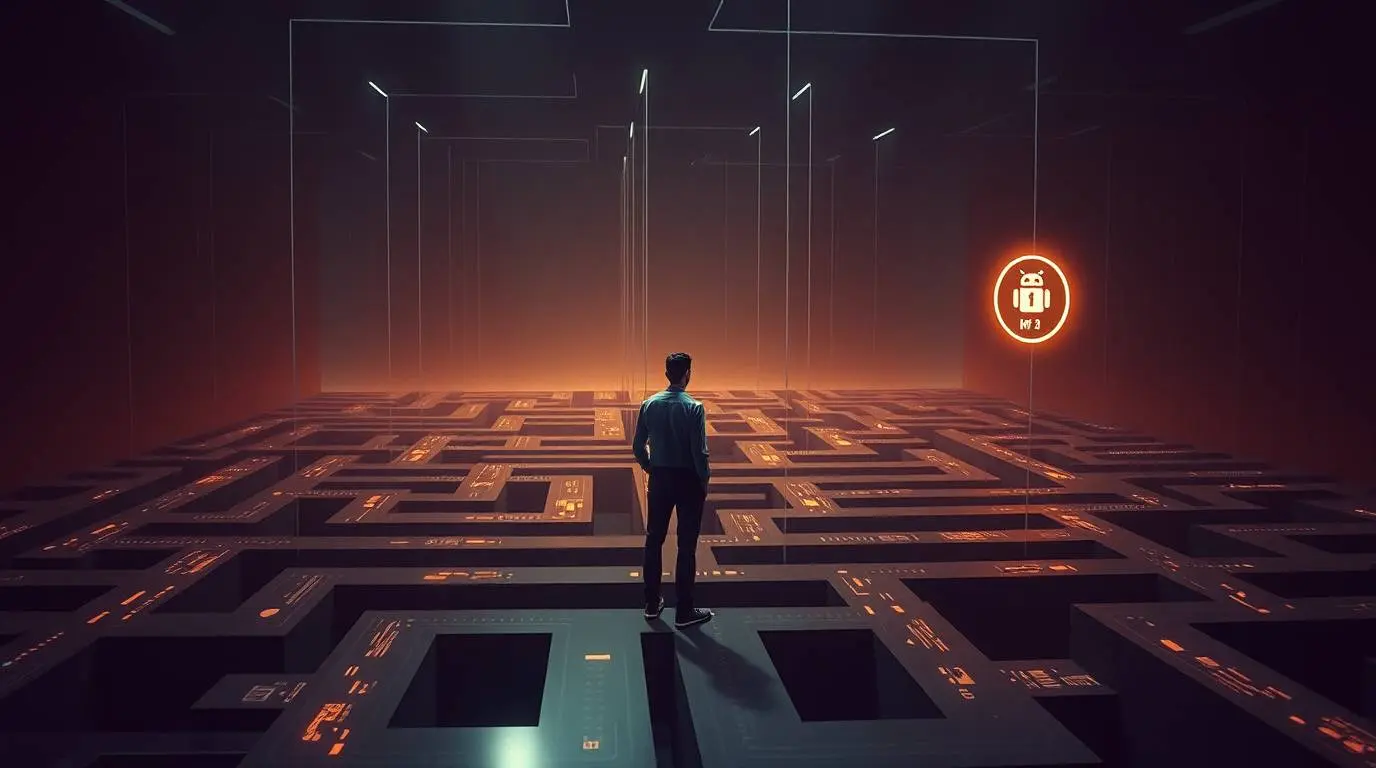 Person navigating a complex path or puzzle with AI assistance helping them find solutions.
