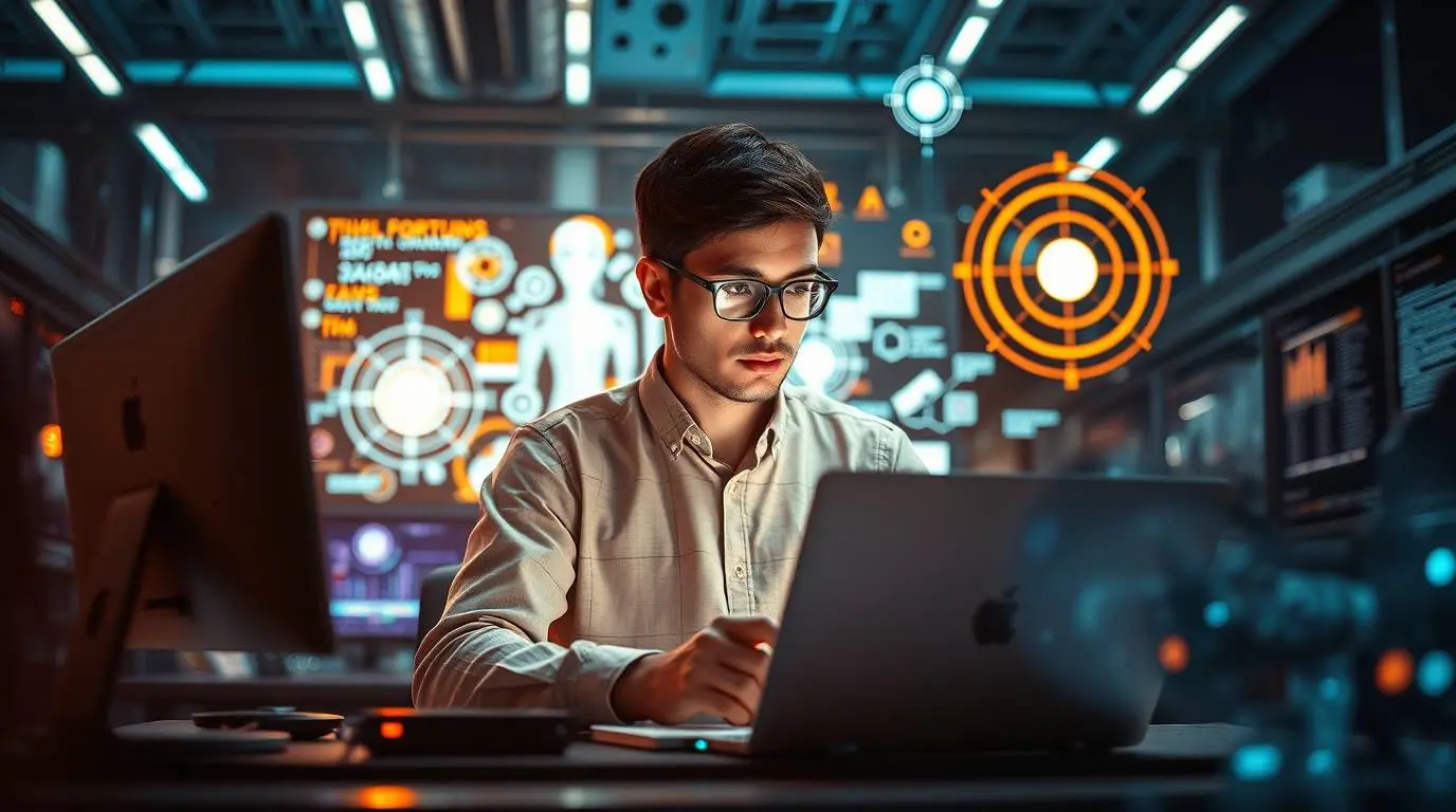 Person brainstorming on laptop with AI icons
