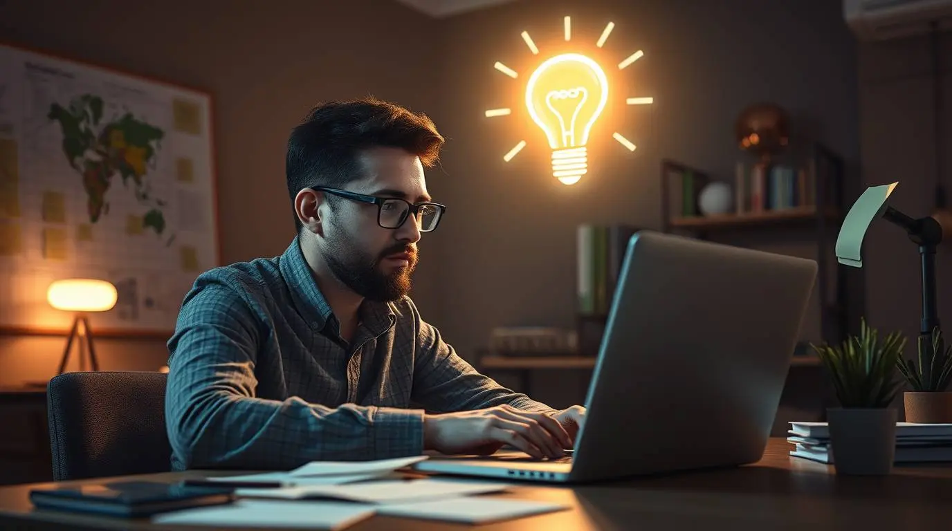 Person looking inspired, planning their AI side hustle with notes and a laptop