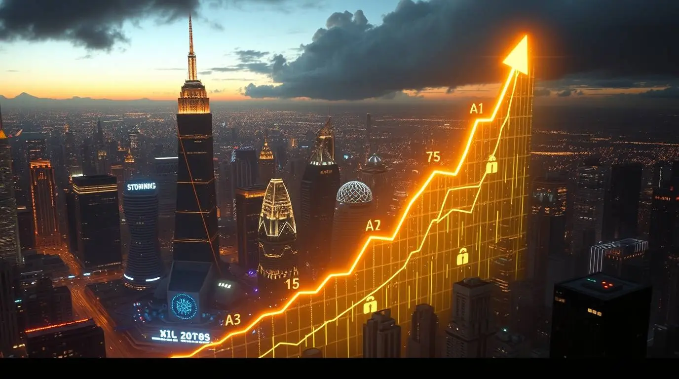 Upward trending financial graph with AI elements signifying growth and opportunity
