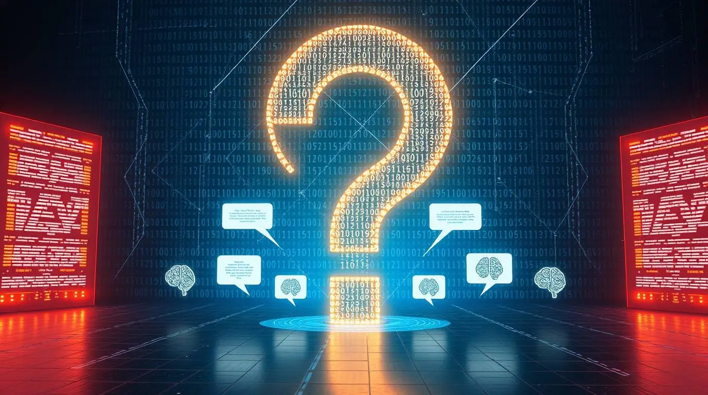 Stylized graphic with a large question mark made of digital code, with AI icons providing clear text answers and insights about copywriting.