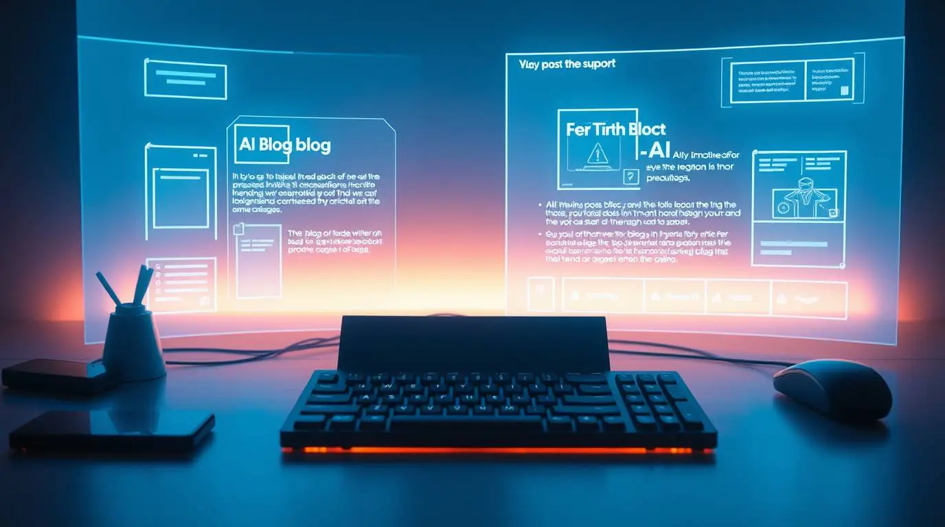 Close-up of a keyboard with holographic AI interface suggesting blog titles and content outlines, symbolizing AI-assisted blogging.