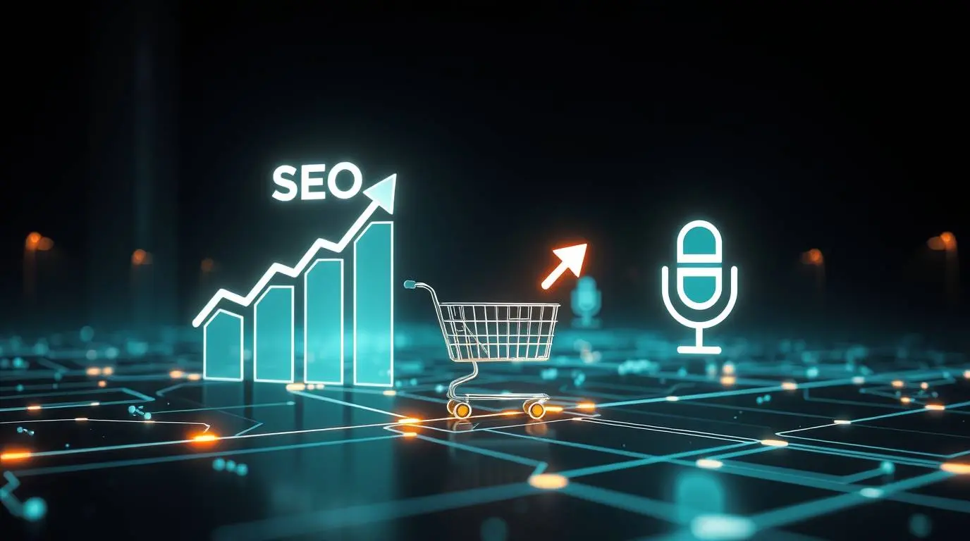 Infographic elements depicting AI boosting SEO for product pages, recovering abandoned shopping carts, and enabling voice-activated shopping.