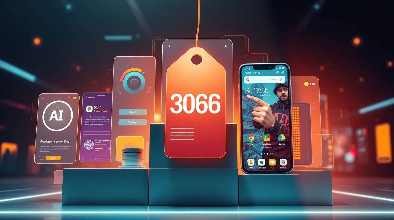 Collage illustrating AI in eCommerce: product recommendation grid, dynamic pricing adjusting on a product tag, and visual search results on a mobile device.