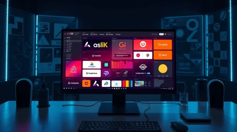 Flat-lay of modern AI-powered graphic design software on screen with branding elements