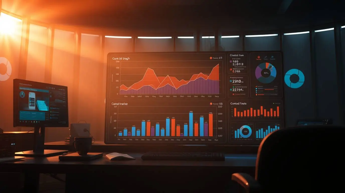 Mockup of an AI dashboard showing content optimization scores for various channels, A/B test results for ad creatives, and voice search keyword analysis.