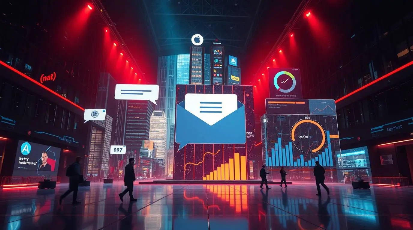 Collage of AI marketing applications: example of a personalized email, chatbot interface, social media analytics dashboard, and lead scoring visualization.