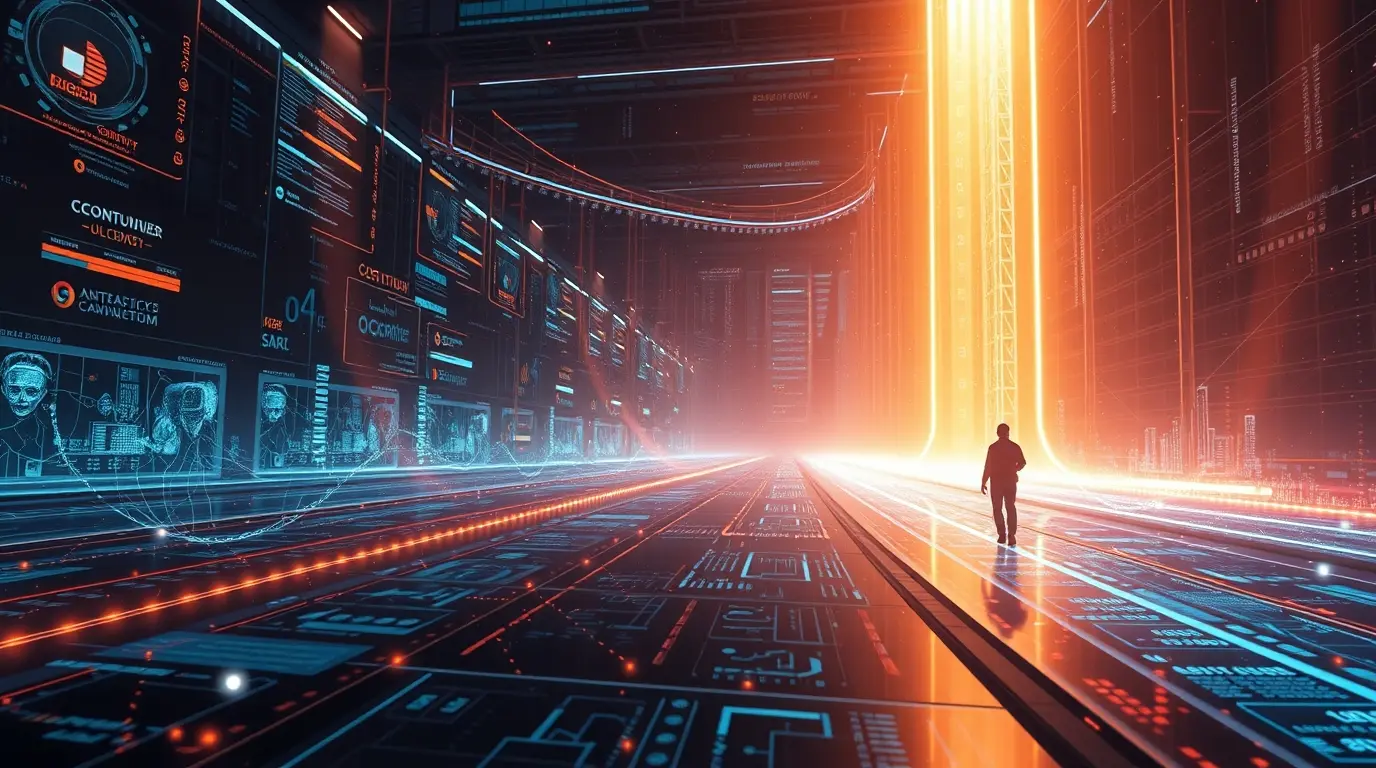 Abstract representation of AI algorithms analyzing customer journey maps, predicting market trends, and enabling personalized video marketing efforts.