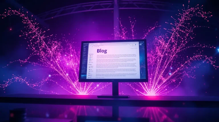 Abstract visualization of AI seamlessly integrating with the blogging process, showing glowing text, data analysis, and creative idea sparks.