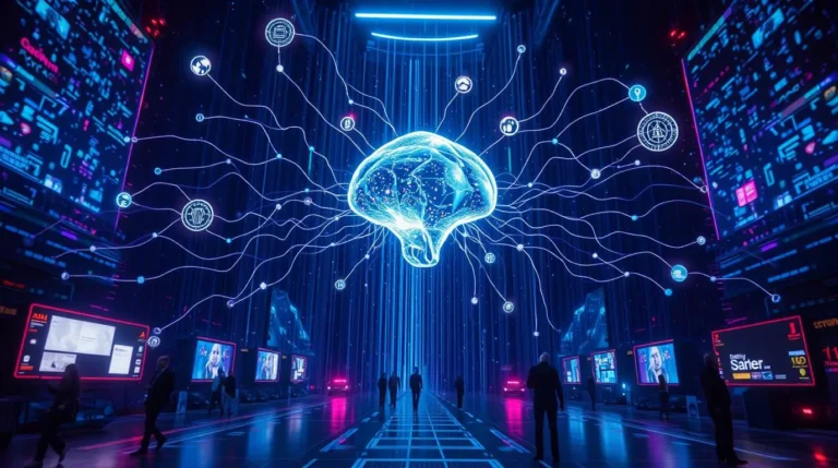 Abstract visualization of Artificial Intelligence gears and data streams powering marketing automation funnels and customer engagement icons.