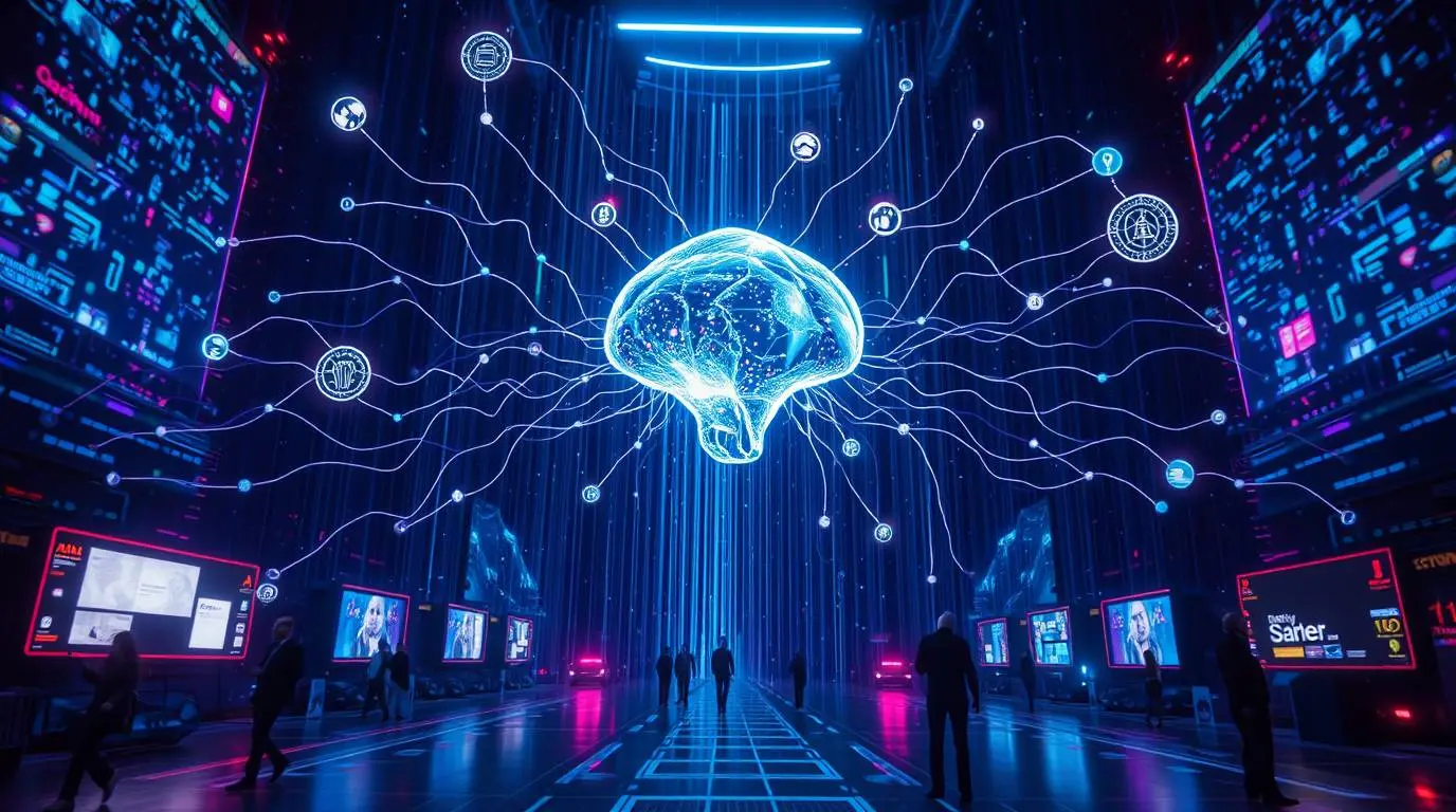 Abstract visualization of Artificial Intelligence gears and data streams powering marketing automation funnels and customer engagement icons.