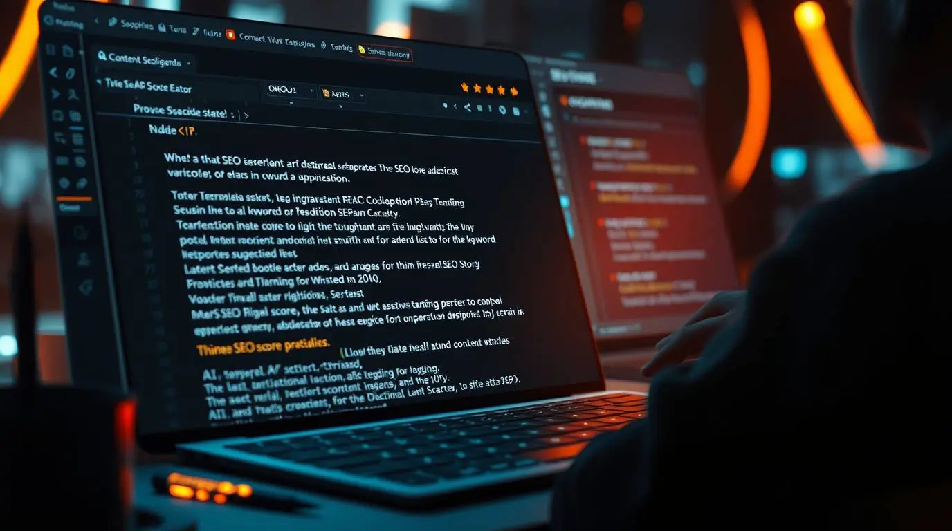 Mockup screenshot of an AI SEO content editor interface like Surfer SEO or Jasper AI providing real-time optimization suggestions on a blog post.