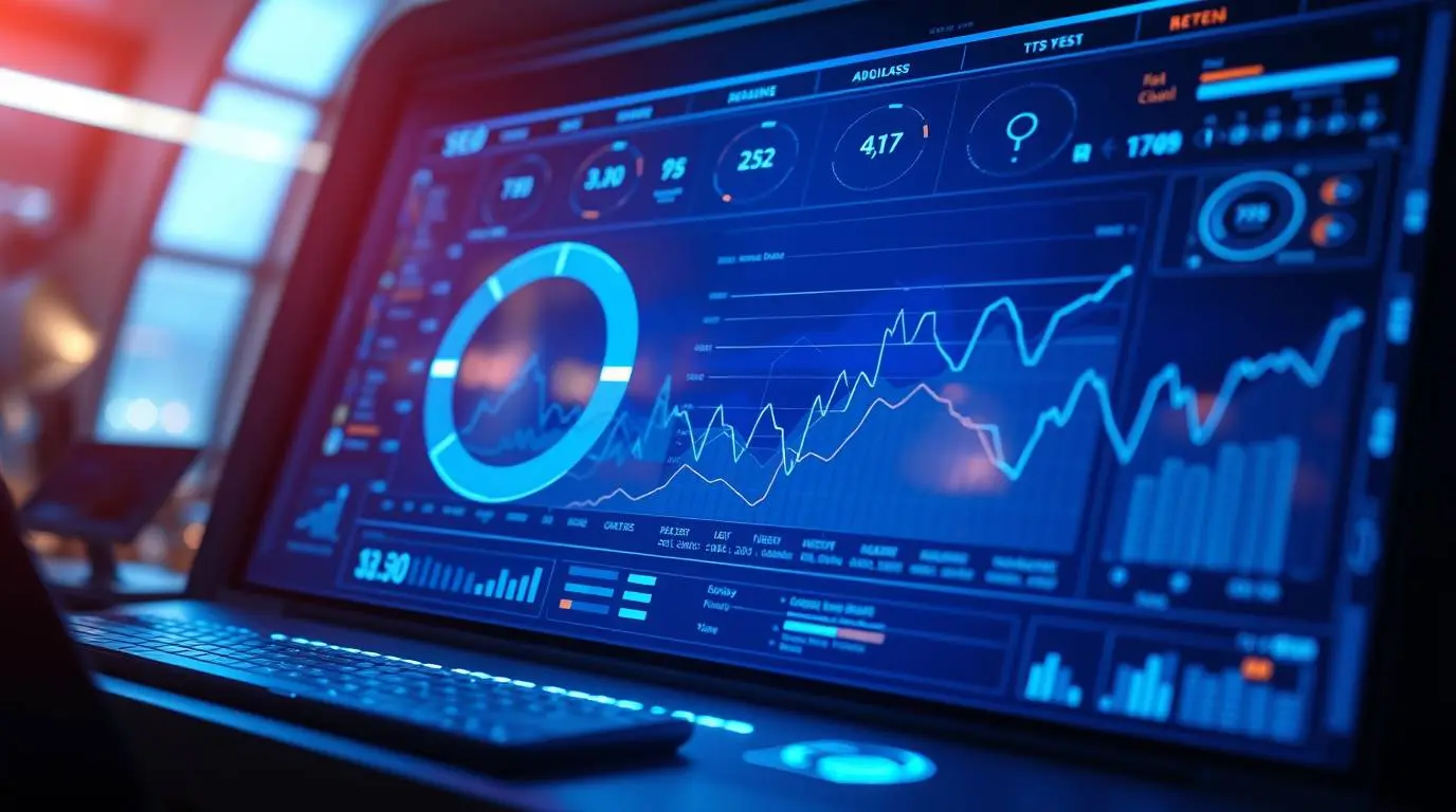 Futuristic dashboard showing AI analyzing SEO data points and predicting future ranking trends with glowing charts.
