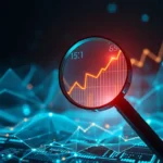 Abstract visualization of Artificial Intelligence enhancing Search Engine Optimization results with glowing data streams and upward trending graphs