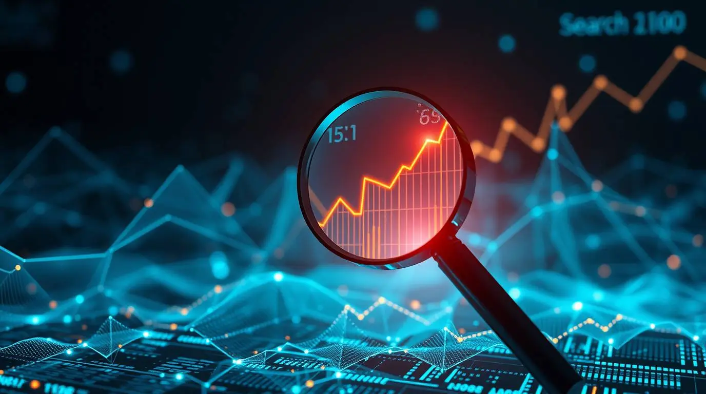 Abstract visualization of Artificial Intelligence enhancing Search Engine Optimization results with glowing data streams and upward trending graphs