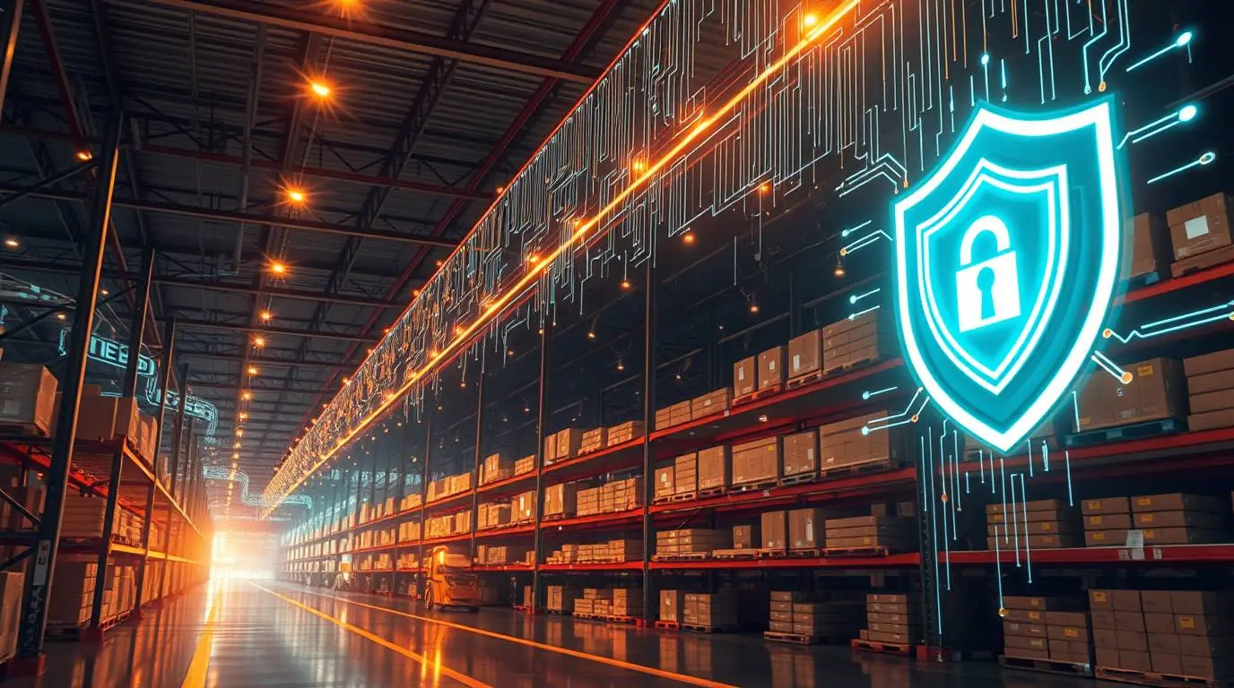 Abstract digital representation of AI algorithms efficiently managing warehouse inventory and a shield icon detecting fraudulent online transactions.
