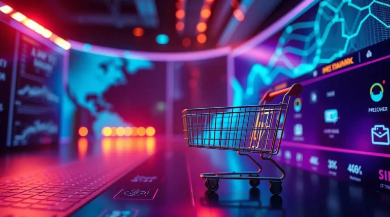 Futuristic AI interface interacting with an online store, symbolizing how artificial intelligence is revolutionizing the entire eCommerce customer experience.