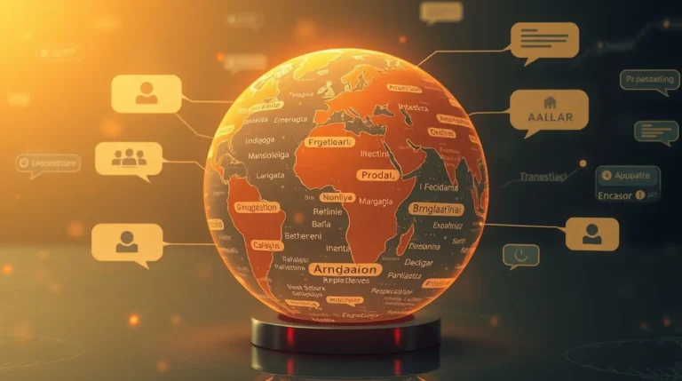Beautiful creative illustration showing AI translating languages across a globe