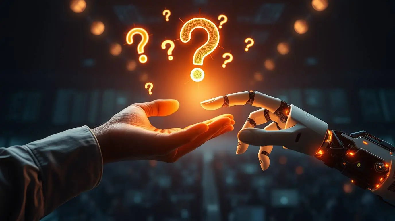 Stylized graphic of a human hand interacting with an AI hand, with question marks and lightbulbs symbolizing queries and solutions about GPTs.