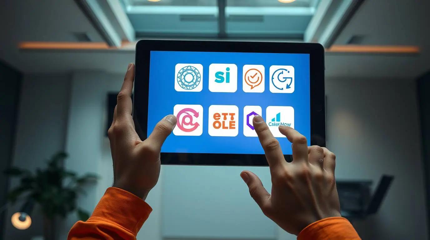 Person thoughtfully comparing different AI SEO tool logos or interfaces on a screen, representing the decision-making process.
