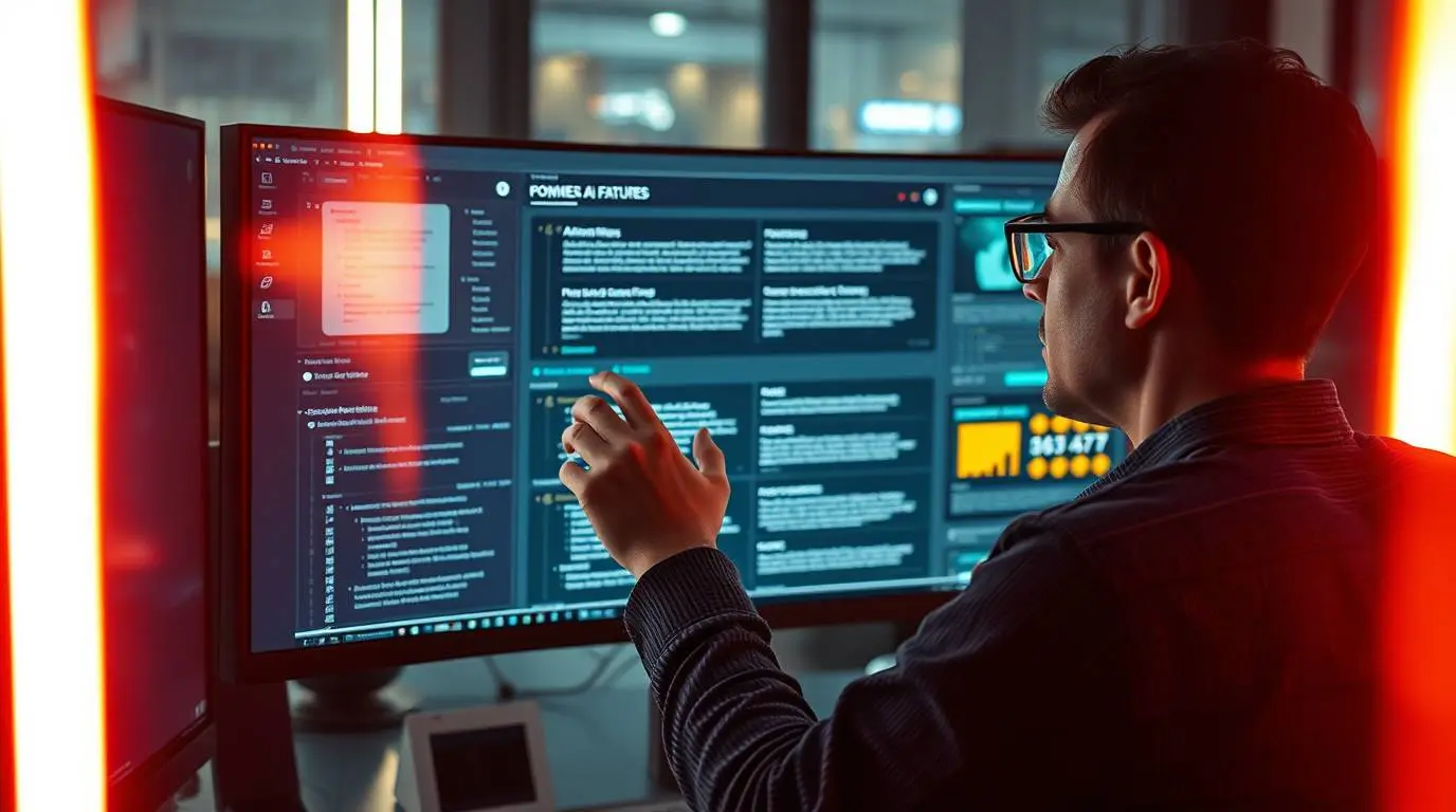 Person thoughtfully analyzing different AI copywriting tool options on a comparison website or dashboard displayed on a large monitor.