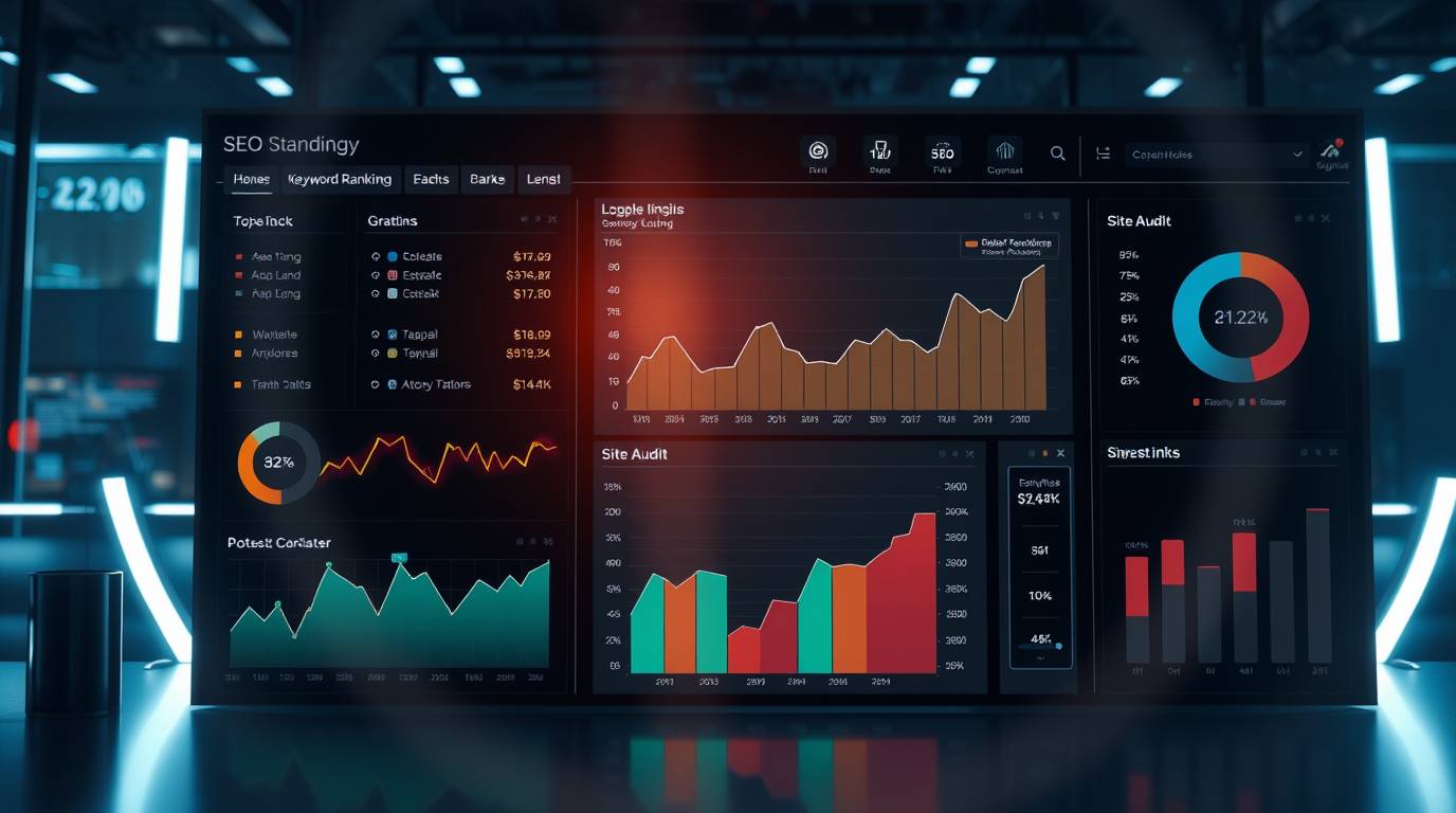 Clean mockup of an AI SEO tool dashboard like Semrush or Ahrefs showing keyword rankings, backlink analysis, and site audit results.