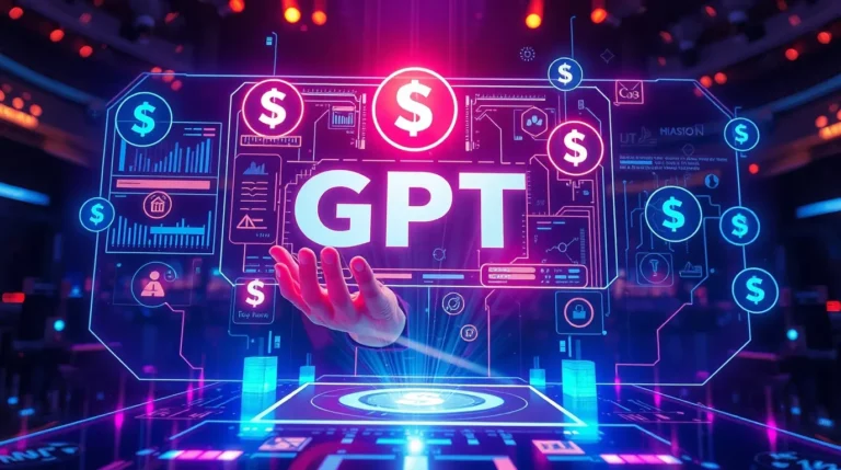 Futuristic concept of a person designing a custom GPT on a holographic interface with dollar signs and engagement metrics floating around.