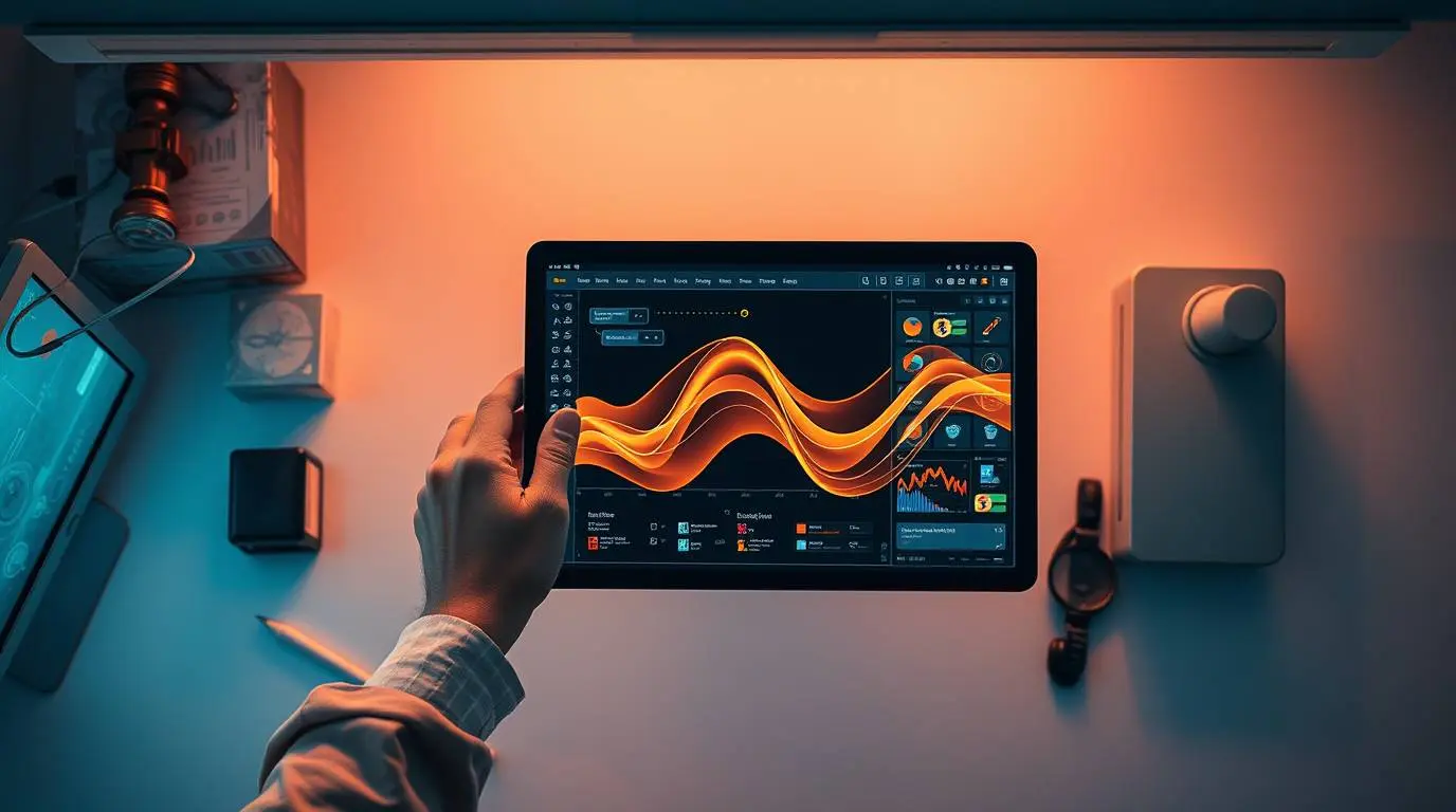 Designer interacting with an AI-powered design interface on a tablet.