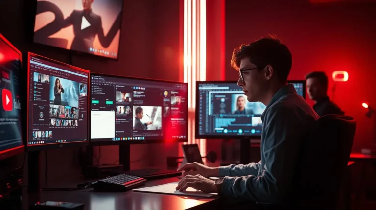 Human content creator using AI tools on a computer to automate YouTube videos in a modern studio