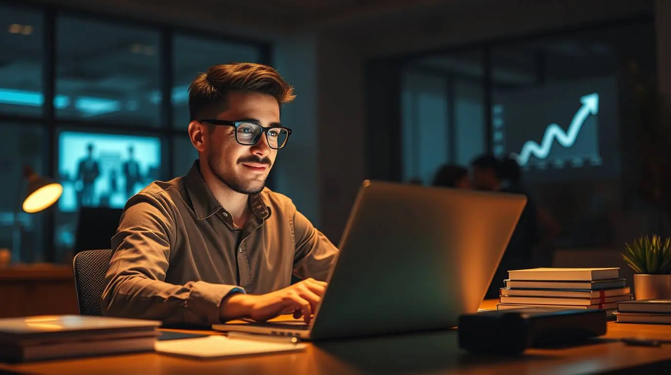 Motivated entrepreneur launching their custom GPT product on a laptop, with an upward trending graph symbolizing success and income generation.	