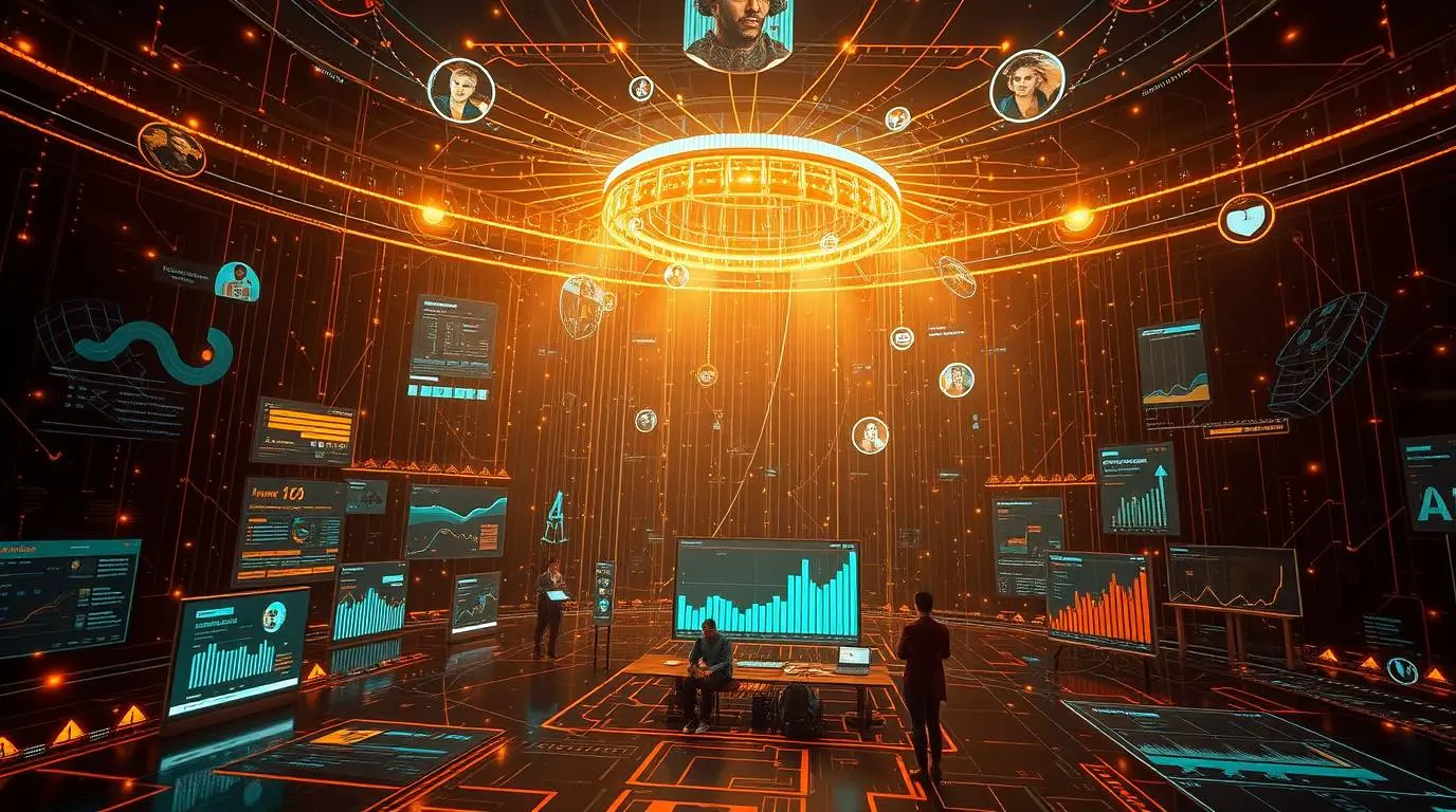 Visionary image depicting AI seamlessly integrated into all aspects of a futuristic marketing strategy, with interconnected data points and customer touchpoints.