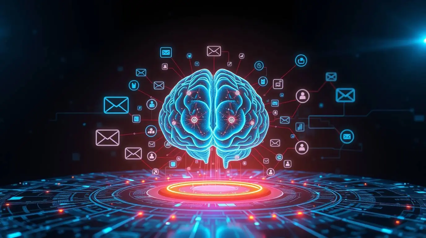 Futuristic interface showing an AI brain analyzing diverse marketing data points (email, social, ads) and optimizing campaign workflows.