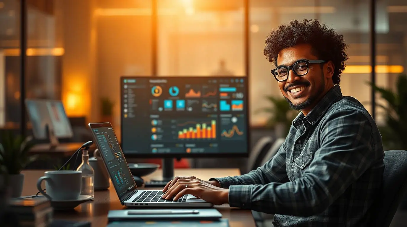 Marketing professional looking confident and efficient while using a laptop displaying an AI marketing automation dashboard simplifying complex tasks.