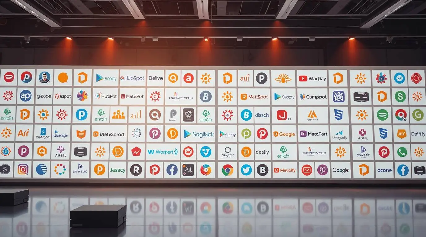 Clean graphic showcasing logos of popular AI marketing automation tools like HubSpot, ActiveCampaign, Jasper, and Drift, arranged neatly.