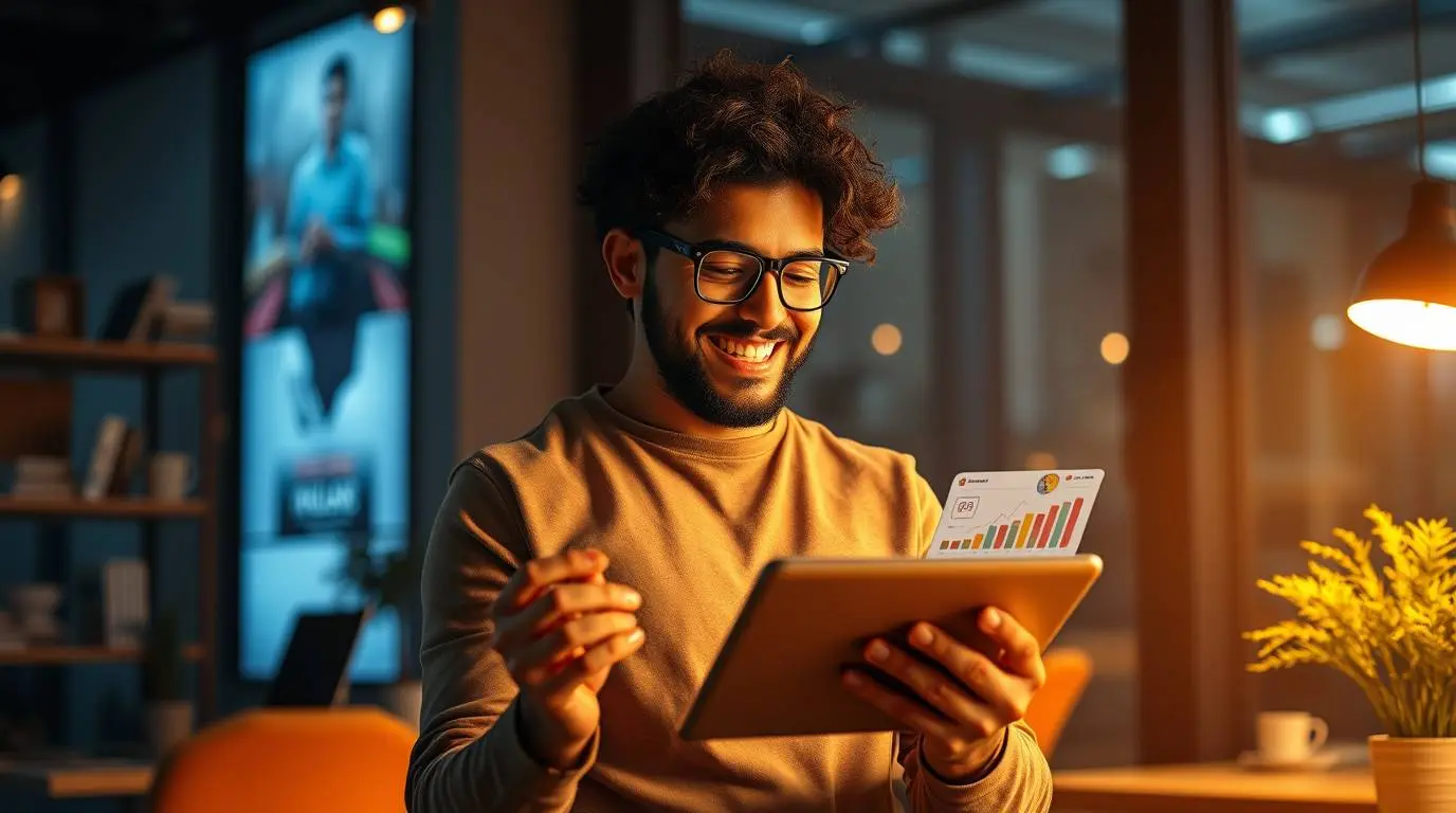 Online store owner confidently using a tablet interface to implement AI tools and review positive analytics for their eCommerce business growth.